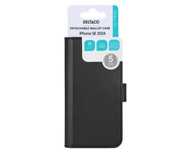 Deltaco 2-i-1 wallet case til iPhone SE 2024 i sort vegansk læder med tre kortpladser og magnetisk lukning.