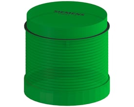 Siemens 8WD4 signallampe med integreret grøn LED, 70mm diameter og roterende lyseffekt, designet til 24V AC/DC.