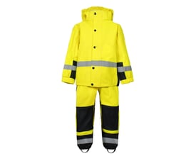 Lyngsøe Rainwear LR552 regnsæt til børn i hi-vis gul og navy, set forfra med refleksstriber og forstærkede knæ.