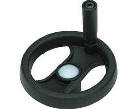 Nærbillede af DeWalt Type 206 håndhjul, viser det drejelige ballegreb og den udvendige diameter på 100mm, med et indstøbt stålnav.