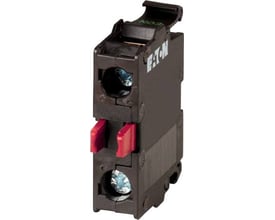 Eaton M22-KC01 kontaktelement med 1 NC kontakt, viser fronten med Eaton logo og røde klemmer.