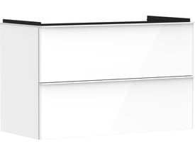 Hansgrohe Xelu Q vaskeskab i hvid højglans, 980x475x605mm, vist fra siden med to skuffer og klar til vægmontering.