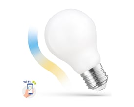 SpectrumLED E27 5W A60 smart LED-pære med hvid kuppel og sølvfarvet fatning; grafikken viser justerbart varmt og koldt lys.