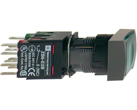 Schneider Electric Harmony Style 6 rektangulær trykknap, Ø16mm, grøn, set fra siden med tydelige tilslutningsterminaler og mærkning.