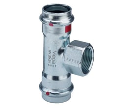 Viega Prestabo T-stykke i forzinket stål med 42 mm presmuffer og 3/4" Rp-gevind, vist isoleret på hvid baggrund.