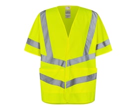 FE Engel advarselsvest 5031 i gul polyester med reflekterende stropper, unisex, str. M/L, vist forfra med lommer.