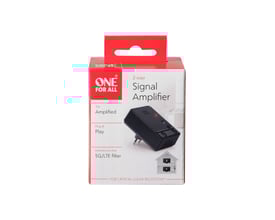One For All SV 9620 signalforstærker på hvid baggrund, med teksten '2-way Signal Amplifier' og '5G/LTE filter'.