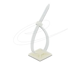 DeLock kabelbinderholder på 40 x 40 mm med hvid kabelbinder, vist samlet med binderen trukket gennem holderen.