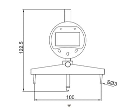 Teknisk tegning af Diesella digital radiusmåler, viser dimensioner og opbygning med målebro og digital display.