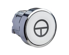 Schneider Electric plan trykknap i hvid med sort 'T' symbol, Harmony XB4 serien, med metalfatning.