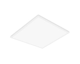 Hvidt, kvadratisk LEDVANCE Compact LED-panel til indbygning, 600 x 600 mm, 30 W og 3640 lm, set skråt forfra.