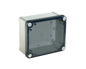 Schneider Electric Thalassa TBP industriel kasse i polycarbonat, 325x275x120mm, med et transparent låg og synlige monteringspunkter i hjørnerne.