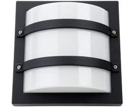 SG Armaturen Largo firkantet vægarmatur i sort aluminium med hvid diffusor og to sorte sikringsbøjler.