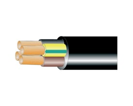 Gummikabel H05RR-F 4G1,5 R100 med fire leder, heraf gul/grøn beskyttelsesleder, på hvid baggrund.