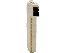 Schneider Electric Modicon TM5 digitalt output modul med 16DO, 24V DC, vist fra siden mod en hvid baggrund.
