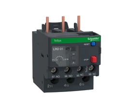 Schneider Electric TeSys D termorelæ LRD01 med indstillingsområde 0,1-0,16A, viser reset og stop knapper.
