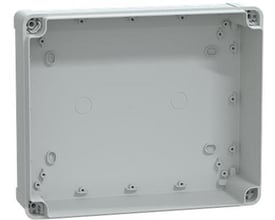 Schneider Electric Thalassa TBP PC kasse uden låg, grå polycarbonat, 275x225x80mm, med monteringspunkter indvendigt.