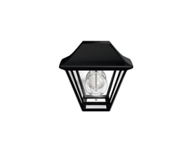 Frontbillede af Philips Lighting Alpenglow væglampe i sort med synlig E27 lyskilde og sort aluminiumsramme isoleret på hvid baggrund.