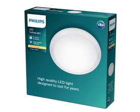 Philips Cinnabar LED loftlampe i hvid plast, 20W med varmt hvidt lys, 2700K, fremstår i dens emballage.