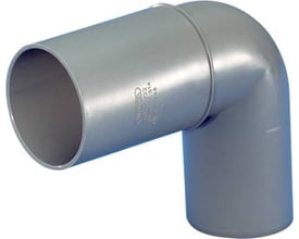 Wavin vandlåsvinkel i grå HT/PP med 88,5° vinkel og dimensionerne Ø50 x Ø40 mm på hvid baggrund.