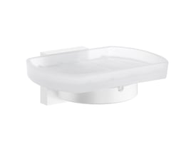 Smedbo sæbeholder i mat hvid med skål af matteret glas, 120x78 mm, til montering på væg.