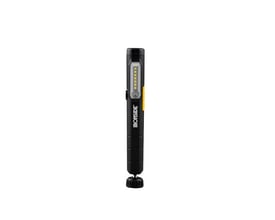 Sort, genopladelig Ironside LED-pencillygte med arbejdslys, toplys og magnetisk fod, der kan drejes 360°.