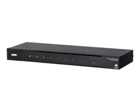Sort Aten 4K HDMI-switch med otte porte, vist forfra med valgknapper og indikatorer på fronten.
