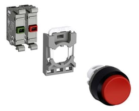 ABB MP1-40R-11 trykknap komponenter: en grå monteringsramme, en rød trykknap og en grå kontaktblok med røde og grønne knapper.
