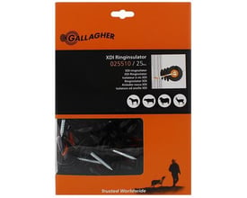 Gallagher ringisolator med skrue i sort, 25 stk. Pakken viser produktets logo og illustration af anvendelse med husdyr.