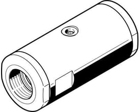 Festo slangeventil VZQA-C-M22U-25-GG-V4V4E-4 viser en cylindrisk ventil med indvendige gevind i den ene ende og et lille monteringshul på siden.
