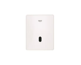 Frontvisning af Grohe Tectron Skate urinal armatur i hvid, fremhæver den sorte infrarøde sensor.