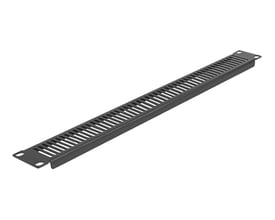 DeLock 19" netværkskabinet panel i sort metal med vertikale ventilationsåbninger, 1U høj.