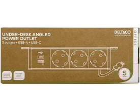 Deltaco OFFICE under-desk power outlet i sort, vist på papkasse med detaljeret illustration af produktets funktioner og tilslutninger.