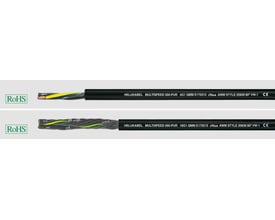 HELUKABEL MULTISPEED 500-PUR med 4G1 og 18G0,75 qmm kabler, fremvist med og uden isolering og med tydelig metermærkning.