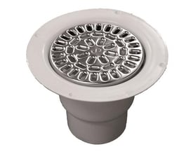 Purus Brage gulvafløb til vinylgulv med rustfri stålrrist og hvid plastikkrop, 110 mm lodret udløb.