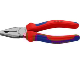 Knipex kombinationstang 160 mm, 03 02 160, med røde og blå flerkomponentgreb og poleret hoved.