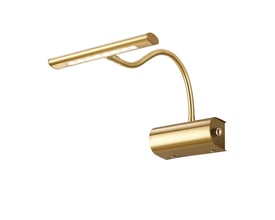 En enkelt TRIO Lighting Curtis væglampe i mat messing med en fleksibel arm og indbygget LED-lys.