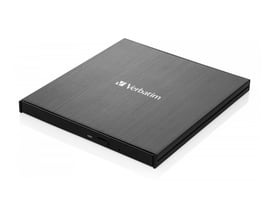 Sort Verbatim Slimline Blu-ray-brænder med børstet overflade, USB-C og Ultra HD 4K-afspilning.
