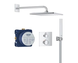 Grohe Precision termostat komplet brusersystem til indbygning med fokus på indbygningsdel, viser blå monteringsboks og krom termostatkontrol.