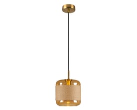 SLV Pantilo Rope 20 pendel i guld og ravfarvet glas med flettet tekstildetalje, vist med sort stofledning og guldbelagt baldakin på hvid baggrund.