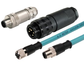 Siemens SIMATIC net M12 hunstik med aksialt kabel til feltenheder, viser tre forskellige hunstik-konfigurationer.