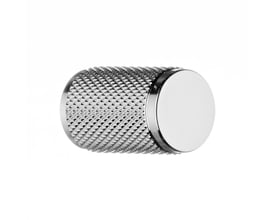 Beslagboden knop i krom med Ø18 mm, set skråt fra siden med riflet greb og rund, glat front.