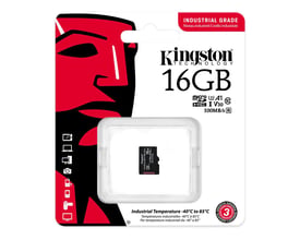 Kingston 16 GB industrial microSD-hukommelseskort i sort ses i sin røde og hvide emballage.