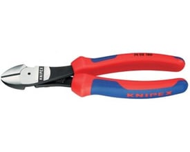 Visuel præsentation af Knipex sidebidetang 74 02 160 med dens karakteristiske røde og blå greb og metalliske skær.