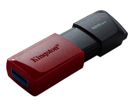 Kingston DataTraveler Exodia M USB-nøgle med 128 GB og USB-A-stik, vist i rød og sort med stikket synligt.