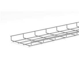 Lang gitterbakke i galvaniseret stål, 35 mm høj, 200 mm bred med 4,5 mm trådtykkelse, præsenteret på hvid baggrund.