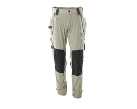 Mascot arbejdsbukser i lys kaki med 4-vejs stretch og vandafvisende finish, forfra med synlige hænge- og lårlommer.