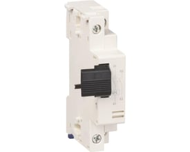 Schneider Electric underspændingsudløser GVAX116 i hvid, vist fra siden med et detaljeret overblik over skruer og monteringsdetaljer.