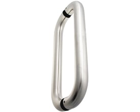 Lige Assa Abloy-dørhank i sølvfarve med sort beslag, Ø32 mm og 300 mm lang.