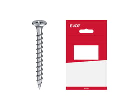 EJOT gipsskrue til træ, 3,9 x 32 mm, med krydskærv og groft gevind ved siden af rød og hvid emballage.